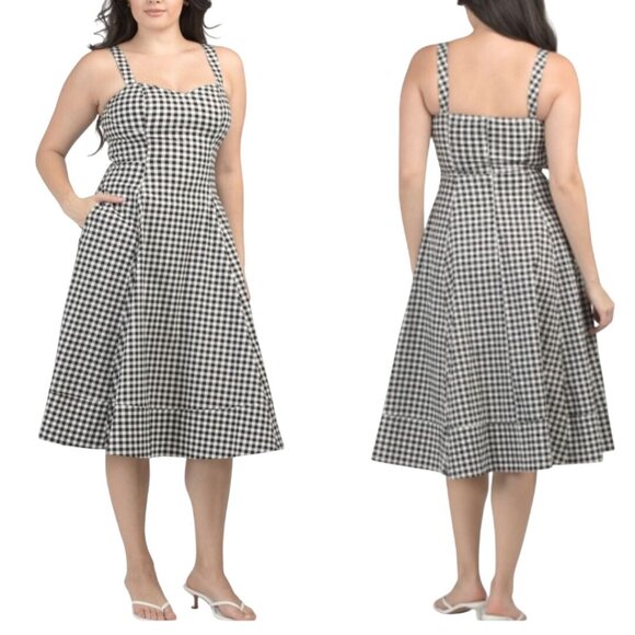 Avec Les Filles NWT Black White Gingham Fit And Flare Midi Dress Pockets Size 12 - Picture 1 of 10